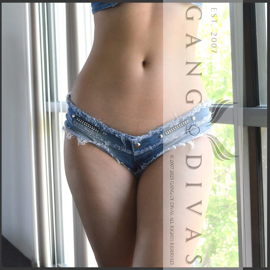 OnlyFan favourites cheeky denim shorts with stud accent, microscopic jean shorts