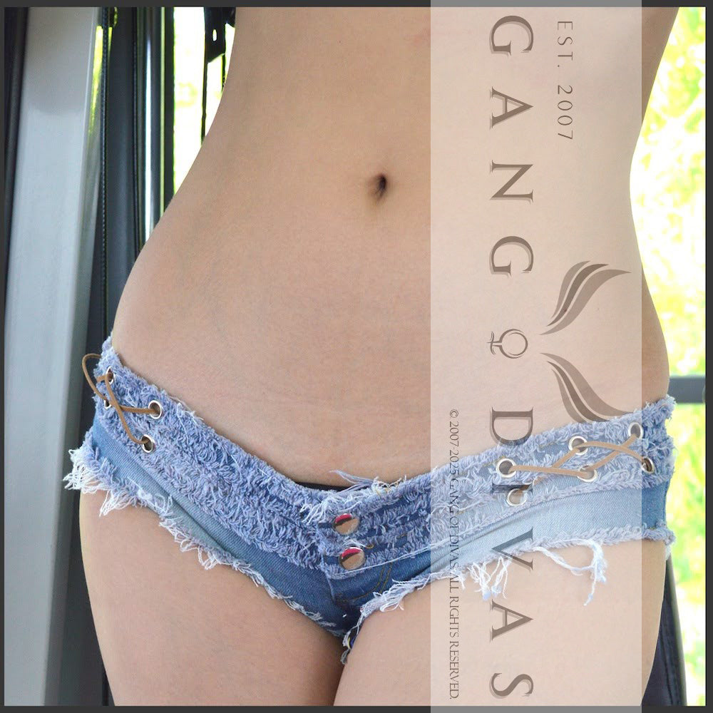 Double frayed Criss-cross cheeky denim microscopic jean shorts