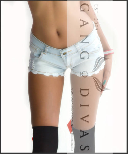 Tyla-inspired low-rise Micro denim shorts with distressed hem.