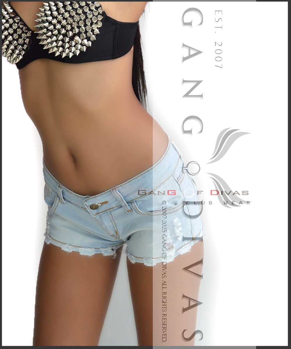 Tyla-inspired low-rise Micro denim shorts with distressed hem.