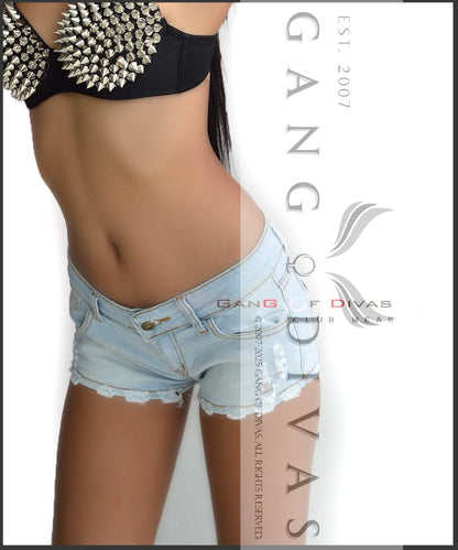 Tyla-inspired low-rise Micro denim shorts with distressed hem.