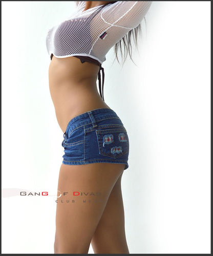 Tyla-inspired low-rise Micro Dark Blue denim shorts with creased effect.