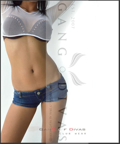 Glam Rhinestone Micro Shorts | Dark Wash Denim & Mesh Bow back Festival Shorts