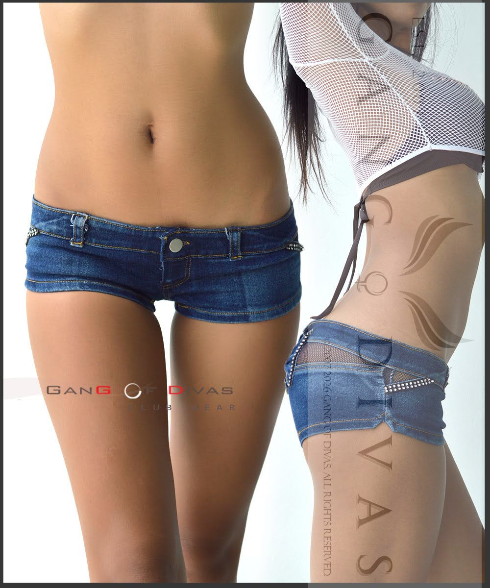 Glam Rhinestone Micro Shorts | Dark Wash Denim & Mesh Bow back Festival Shorts