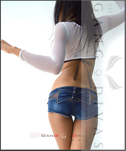Glam Rhinestone Micro Shorts | Dark Wash Denim & Mesh Bow back Festival Shorts