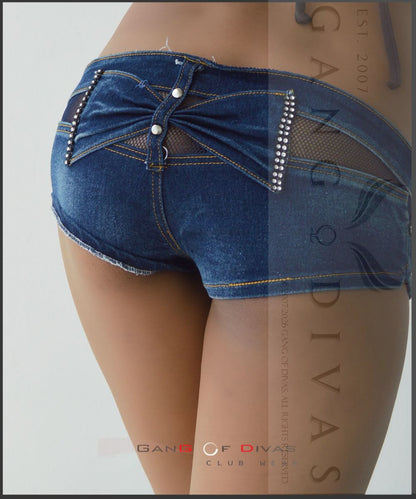 Glam Rhinestone Micro Shorts | Dark Wash Denim & Mesh Bow back Festival Shorts