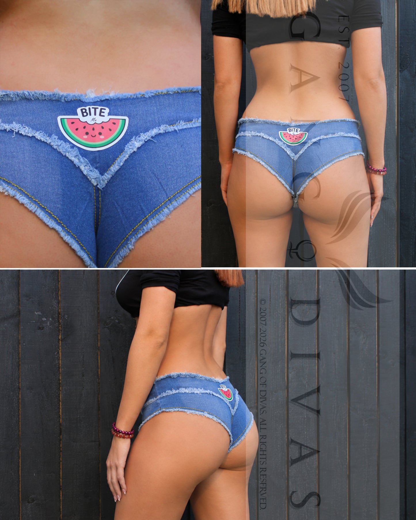 Bite me graphic Micro Denim Mini Shorts Frayed Booty Hot Pants