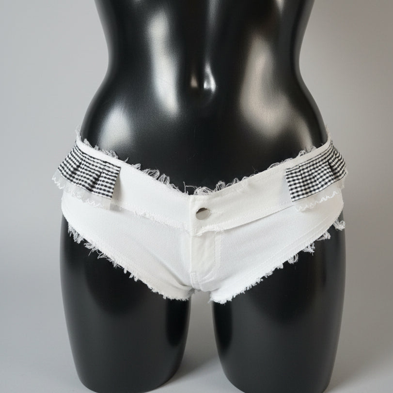 White frayed denim bikini bottoms with black and white gingham ruffle trim on the sides.