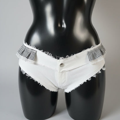 White frayed denim bikini bottoms with black and white gingham ruffle trim on the sides.
