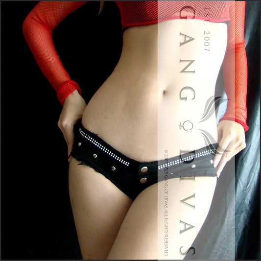 Black Double frayed stud faux diamante cheeky denim | Microscopic jean shorts.