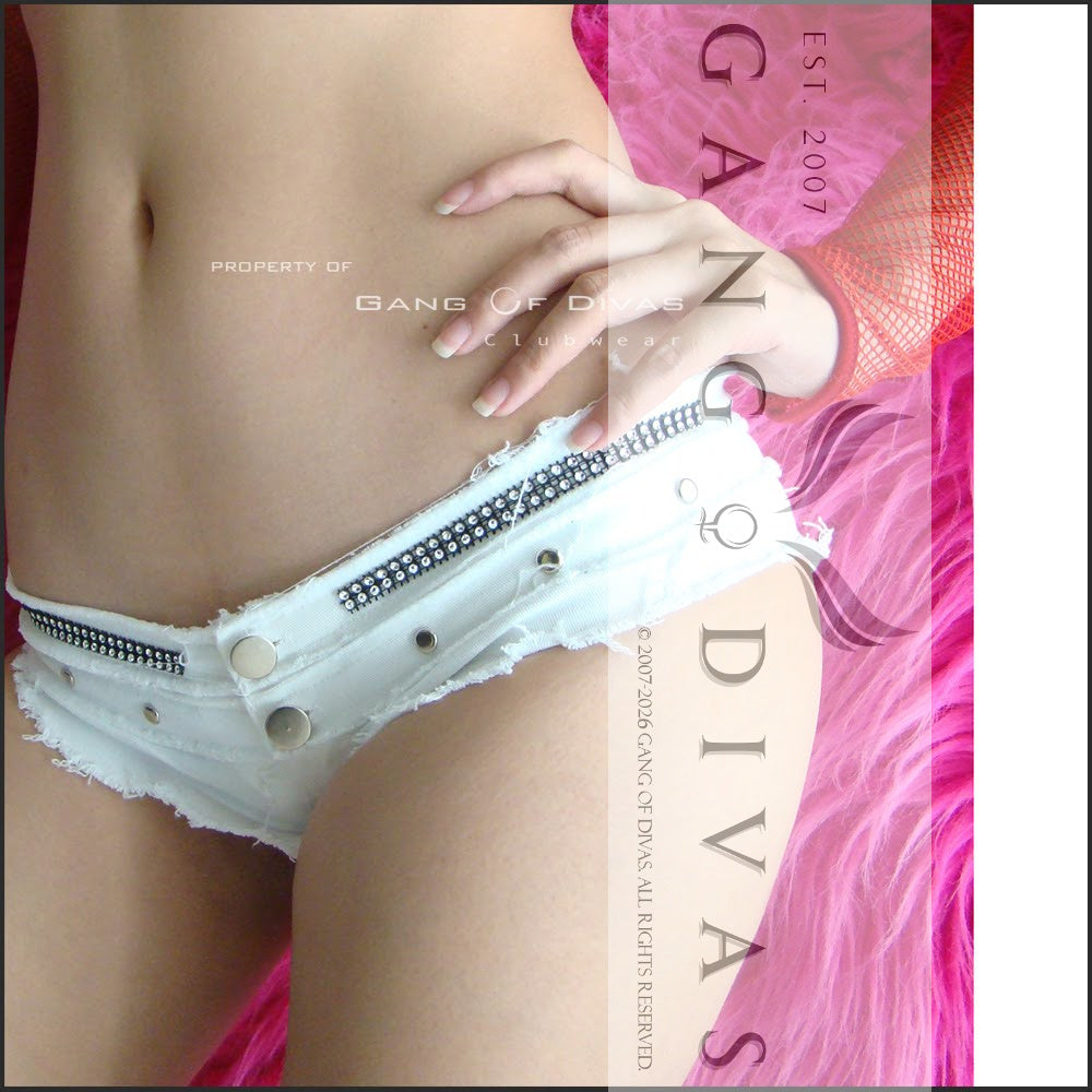 Double frayed stud faux diamante cheeky denim | Microscopic jean shorts.