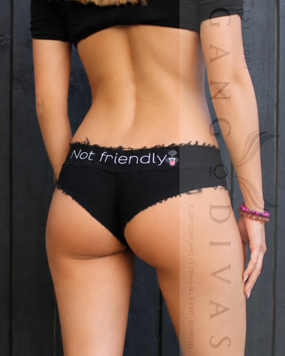 Not friendly fun graphic black Mini Shorts Frayed cheeky shorts